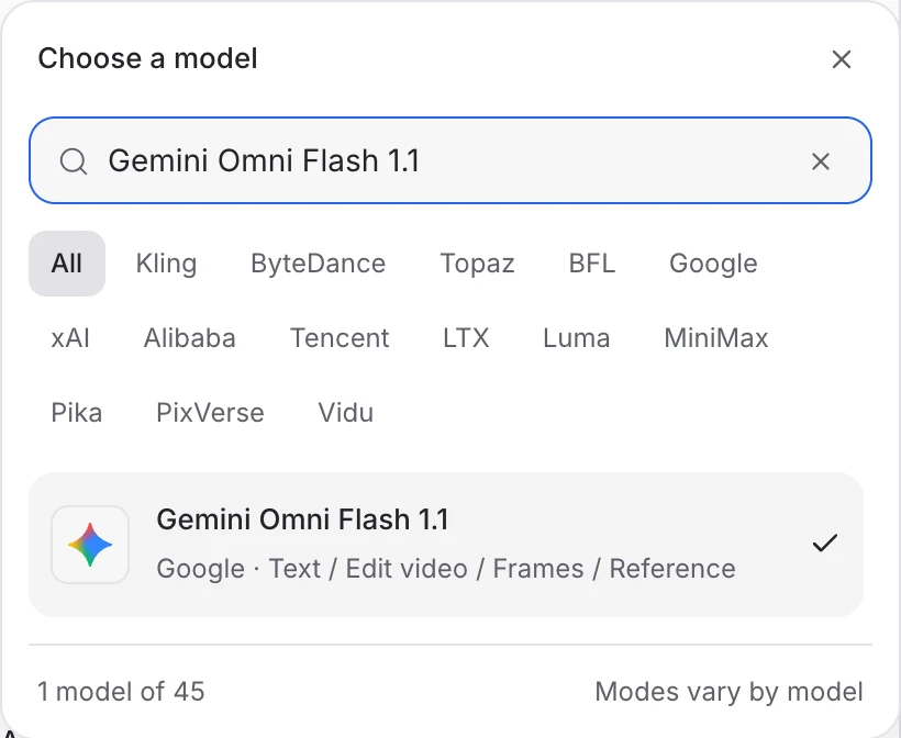Gemini Omni Flash 1.1 and its modes in the Mozify model picker