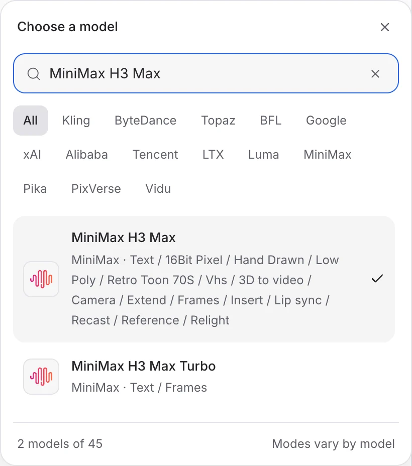 MiniMax H3 Max and its modes in the Mozify model picker