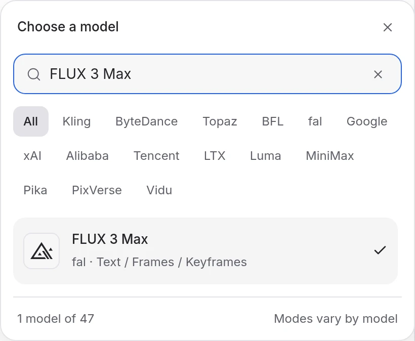 Mozify FLUX 3 Max: select the model and input mode