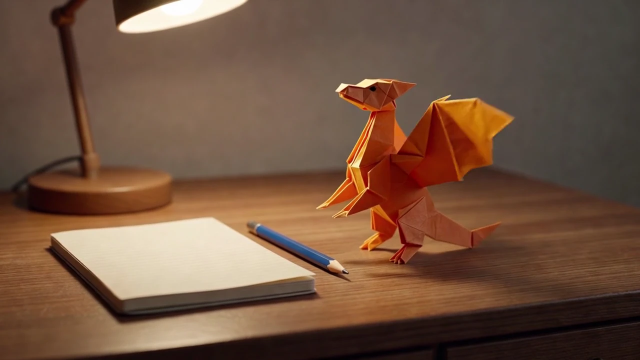 An orange paper dragon stretches its wings, lifts off beside a desk lamp and lands with a bow. A complete 15-second character scene with the generated soundtrack retained.