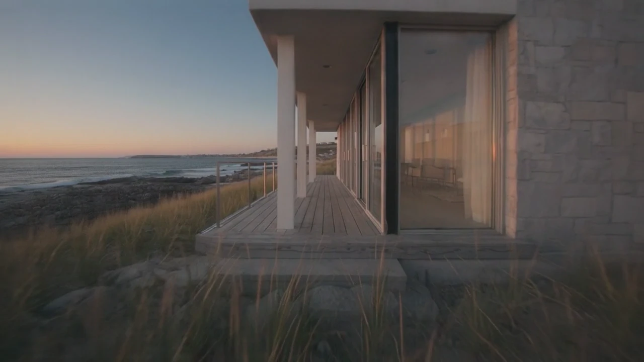A coastal stone house leads into a quiet room facing the sea. Two ten-second Luma shots form a 20-second architecture film, finished with a spoken invitation and an original instrumental score.