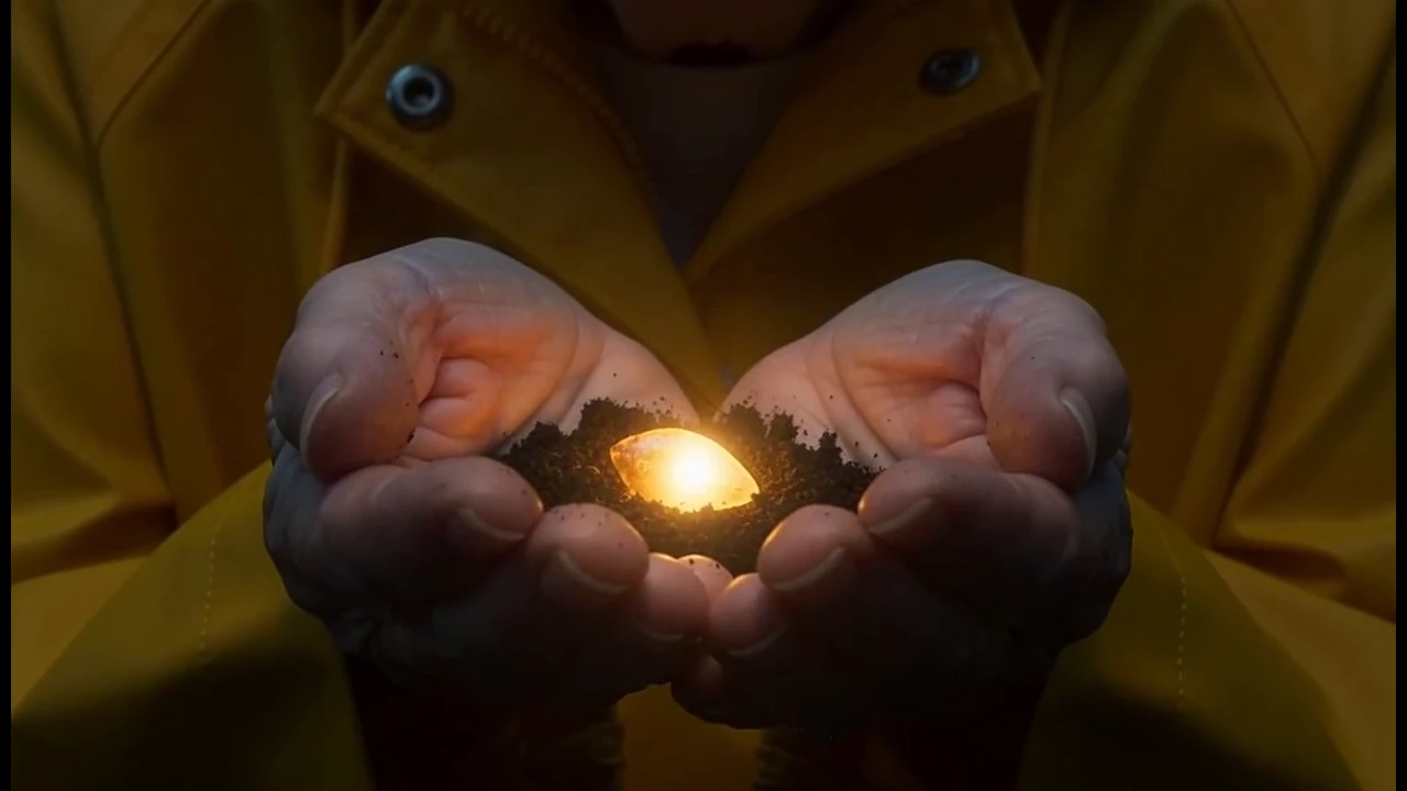 A glowing seed rests in cupped hands before the gardener places it in the cobalt pot.