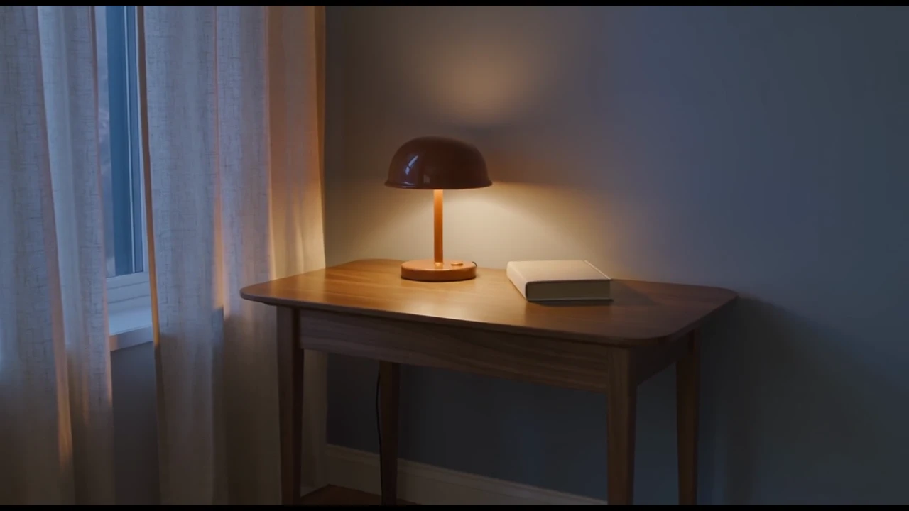 After a hand presses the switch, the camera pulls back to a warm reading corner. The final composition leaves time for the scene to settle.