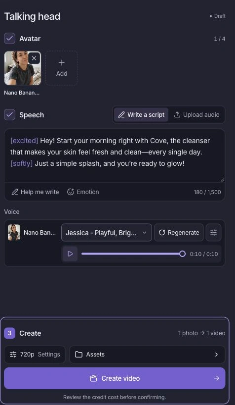Actual Mozify Talking Head workspace with a selected AI portrait, script and voice controls